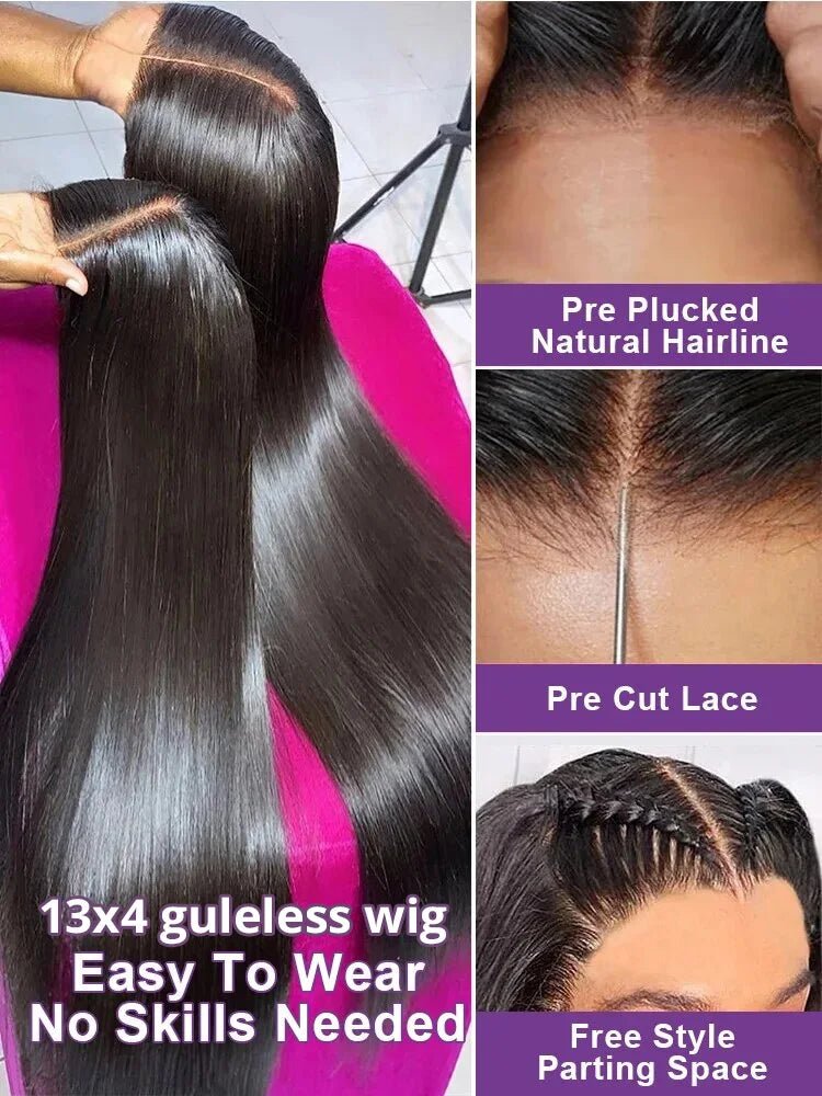 Pre Cut 13x4 Bone Straight Glueless Brazilian Human Hair Lace Front Closure Wig - Braids Hair N More